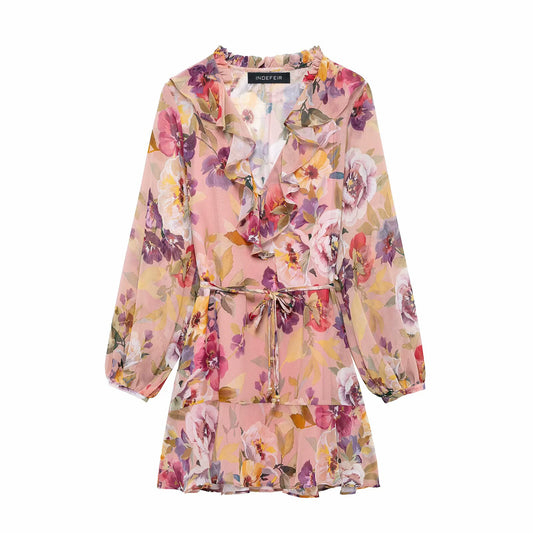 Spring Women Clothing Printing Laminated Decoration Mini Dress