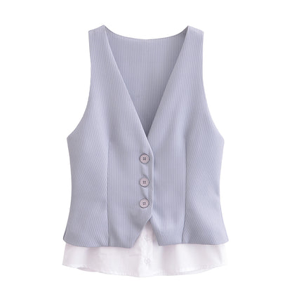 Spring Women Clothes Striped Patchwork Top Vest