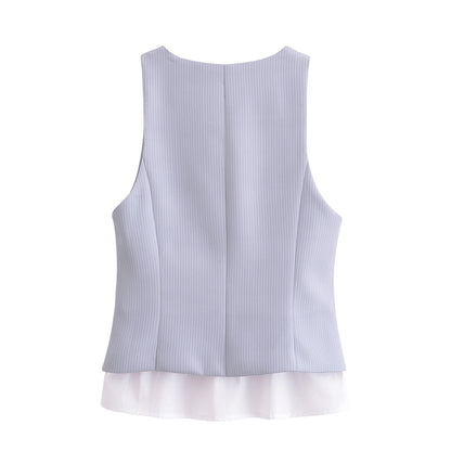 Spring Women Clothes Striped Patchwork Top Vest