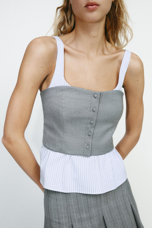Women Clothing Slim Poplin Patchwork Stripes Strap Top