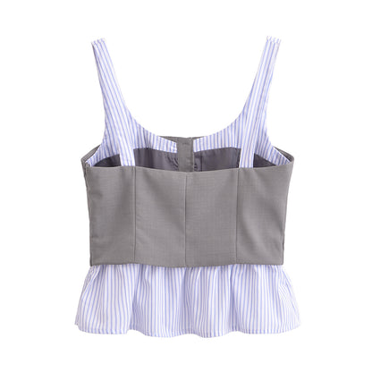 Women Clothing Slim Poplin Patchwork Stripes Strap Top