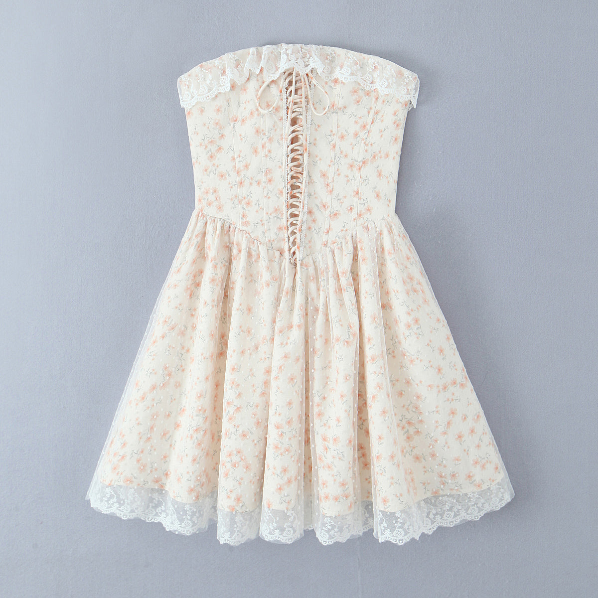 Puffy Slim Fit Tube Top Dress Floral Lace up Waist Controlled Picture Color