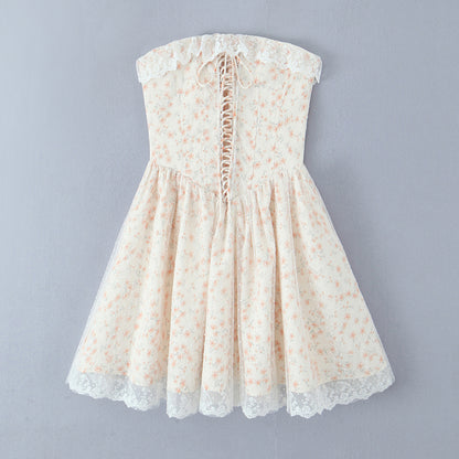 Puffy Slim Fit Tube Top Dress Floral Lace up Waist Controlled Picture Color