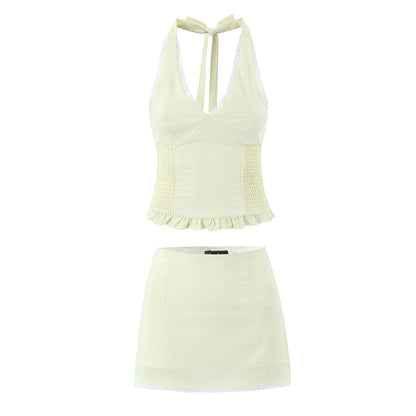 Vintage Little Fresh Sexy V neck Halter Elastic Smocking Waist Trimming Top Mini Skirt Outfit Women