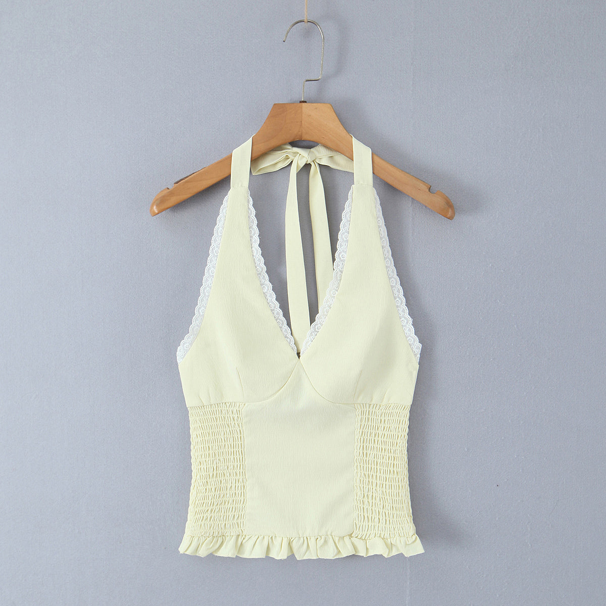 Vintage Little Fresh Sexy V neck Halter Elastic Smocking Waist Trimming Top Mini Skirt Outfit Women