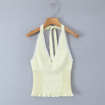 Vintage Little Fresh Sexy V neck Halter Elastic Smocking Waist Trimming Top Mini Skirt Outfit Women