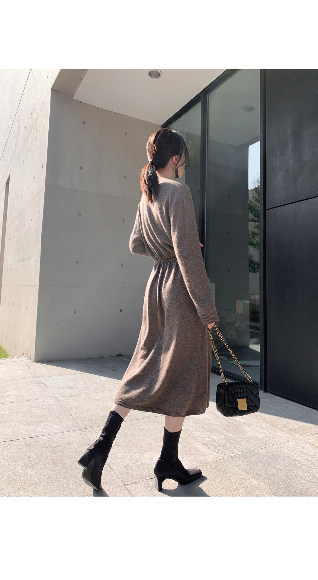 Dress Autumn Winter Simple Temperamental Slimming Solid Color Mid Length over the Knee Drawstring Waist Knitted Dress Women