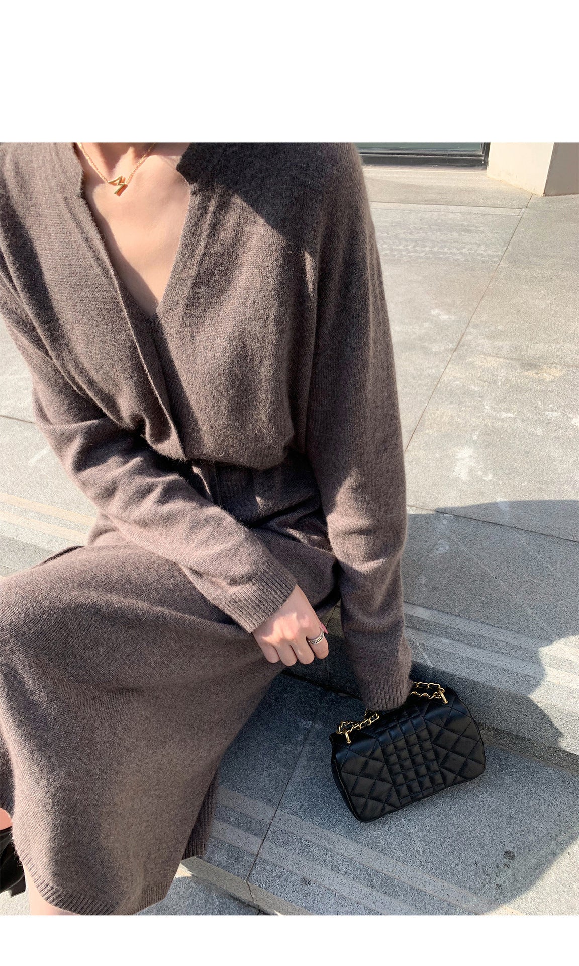 Dress Autumn Winter Simple Temperamental Slimming Solid Color Mid Length over the Knee Drawstring Waist Knitted Dress Women