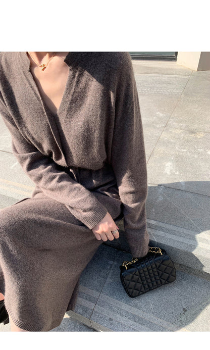 Dress Autumn Winter Simple Temperamental Slimming Solid Color Mid Length over the Knee Drawstring Waist Knitted Dress Women