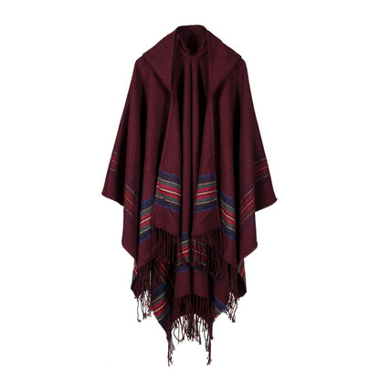 Ladies Thick Color Stripes Cashmere Jacquard Shawl Can Be Worn to Keep Warm Lengthened Hoodie Cloak