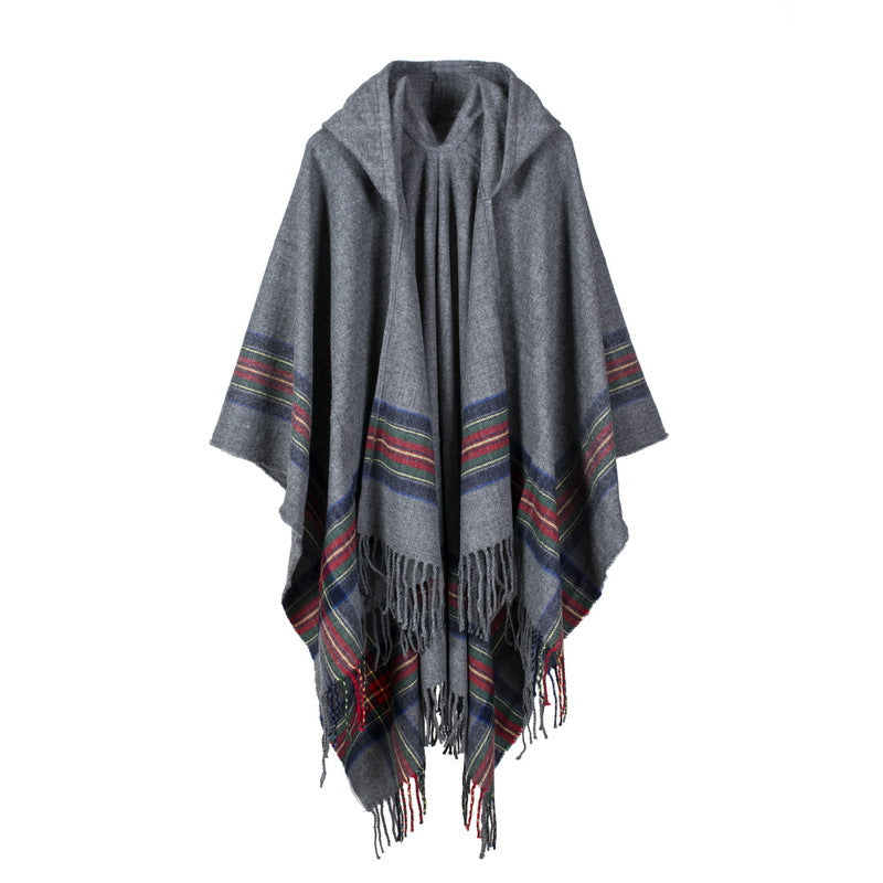 Ladies Thick Color Stripes Cashmere Jacquard Shawl Can Be Worn to Keep Warm Lengthened Hoodie Cloak