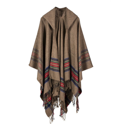 Ladies Thick Color Stripes Cashmere Jacquard Shawl Can Be Worn to Keep Warm Lengthened Hoodie Cloak