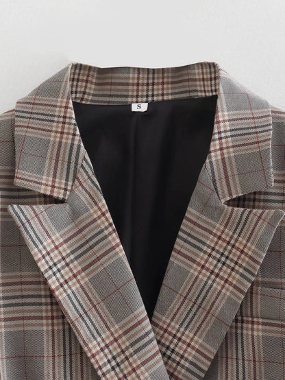 Collared Long Sleeve Short Small Blazer Women Summer One Button Plaid Blazer