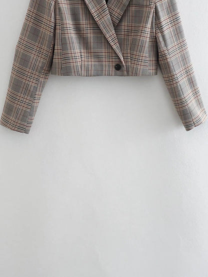 Collared Long Sleeve Short Small Blazer Women Summer One Button Plaid Blazer