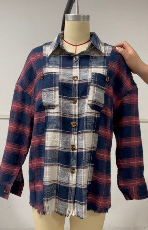 Autumn Winter Color Matching Plaid Hem Wadding Long Sleeve Shacket Women