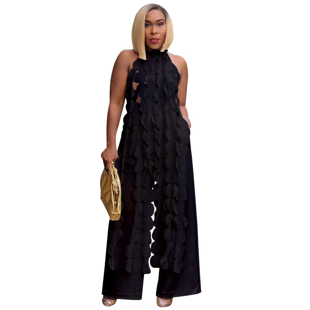 Women Clothing Sexy Backless Lace up Long Shirt Wide Leg Pants Suit