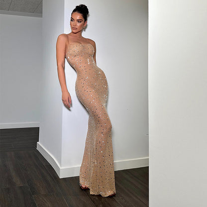 Women Clothing Sexy Tight High Waist Rhinestone Fishtail Dress Sling Dress