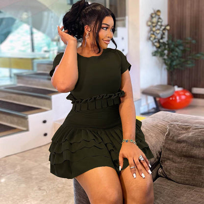 Women Clothing Solid Color Tight Sweet Fresh Pleated dress Short Sleeve round Neck Short Dress