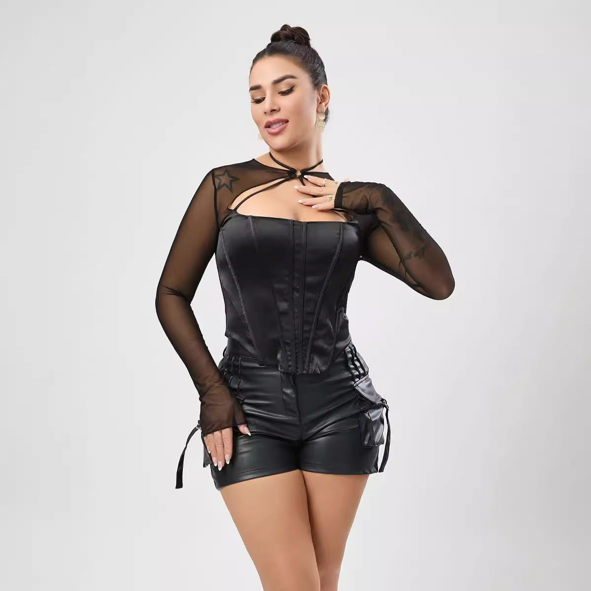Club Wear Micro Elastic Satin Mesh Stitching Bone Hollow Out Cutout Zipper Sexy Short Top