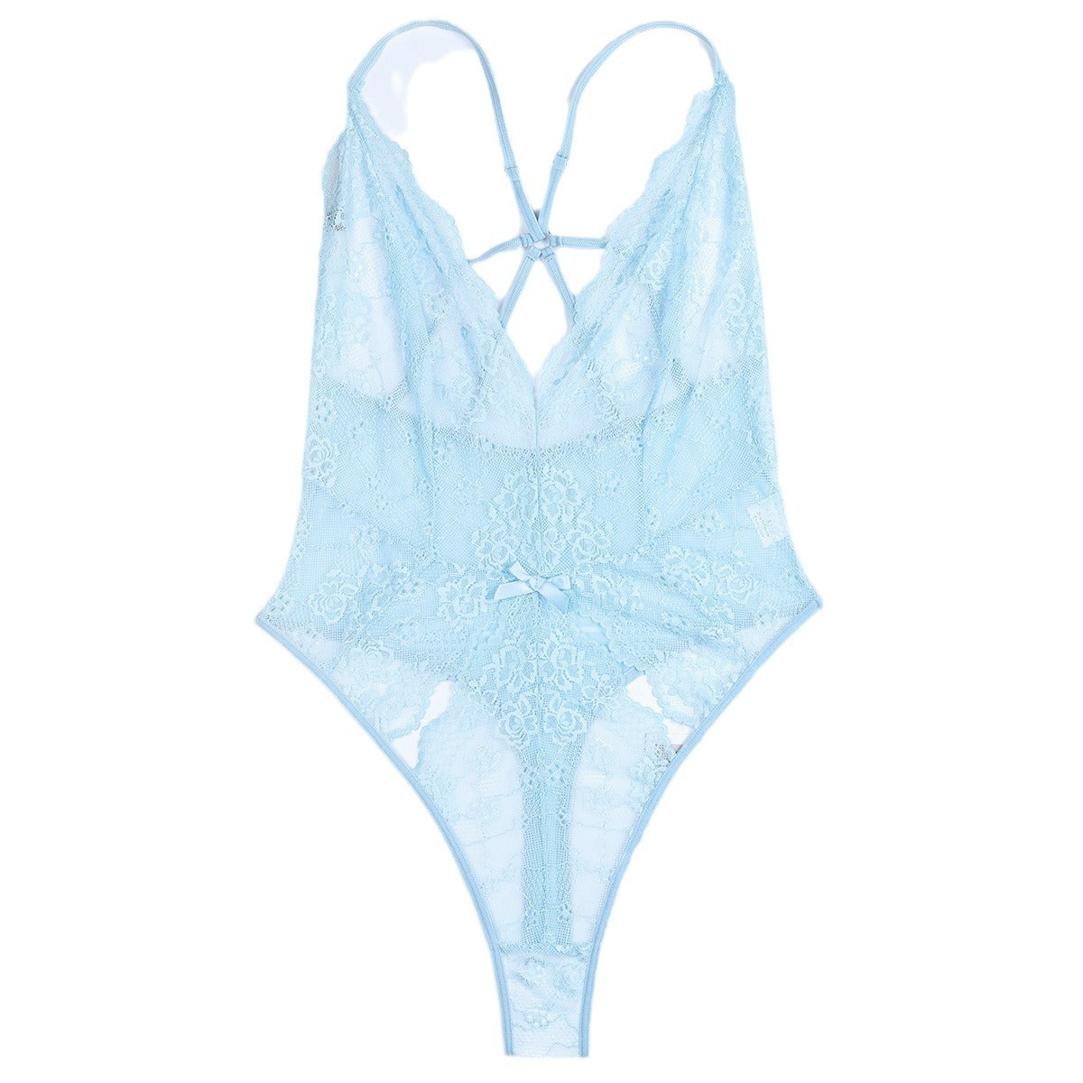 Light Blue French Thin Lace Underwear Sexy V neck Halter Back Hollow Out Cutout Sexy See through Jumpsuit