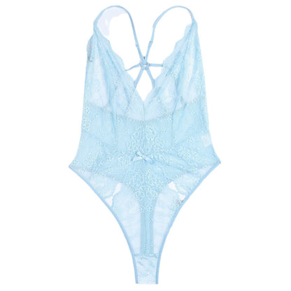 Light Blue French Thin Lace Underwear Sexy V neck Halter Back Hollow Out Cutout Sexy See through Jumpsuit