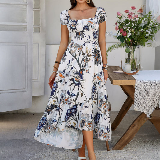 Spring Summer Casual Holiday Floral Print Contrast Color Short Sleeve Dress Women Clothing