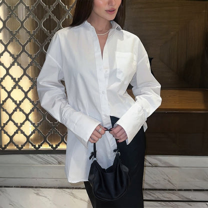 Spring Summer Casual Office Solid Color Cardigan White Shirt Top Women