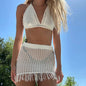 Hollow Out Cutout out Strap Bikini Top Tassel Skirt Sexy Beach Sun Protective Blouse