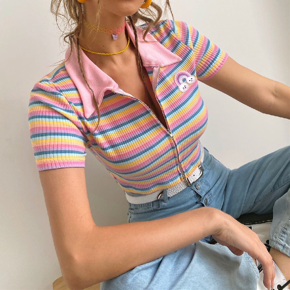 Women Sexy Top Rainbow Striped Contrast Color Slim Fit Collared Polo Shirt Short Sleeve T shirt Women