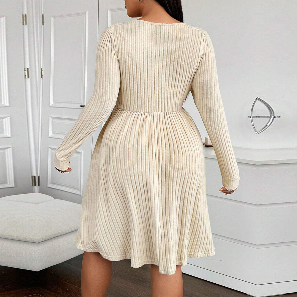 Plus Size Women Clothing Simple Elegant Dress Autumn Winter Adjustable Waist Slimming Midi Dress