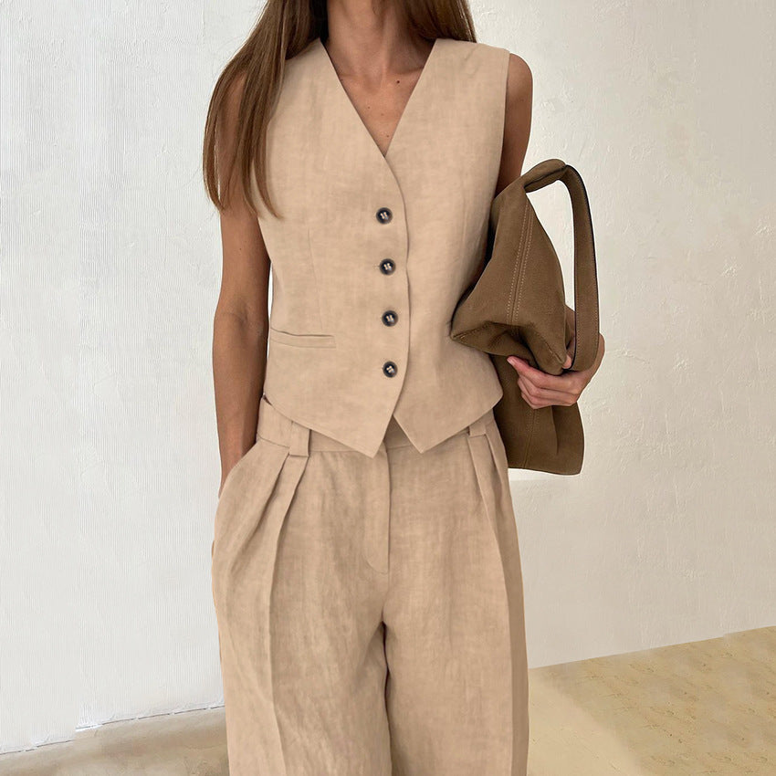 Solid Color Cotton Linen Office V neck Vest Trousers Two Piece Summer All-Matching Casual Set Women