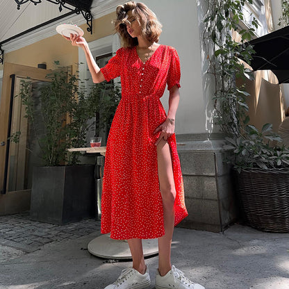 Polka Dot Dress Summer V Neck Tight Waist Slit Mid Length Red Short Sleeve Dress