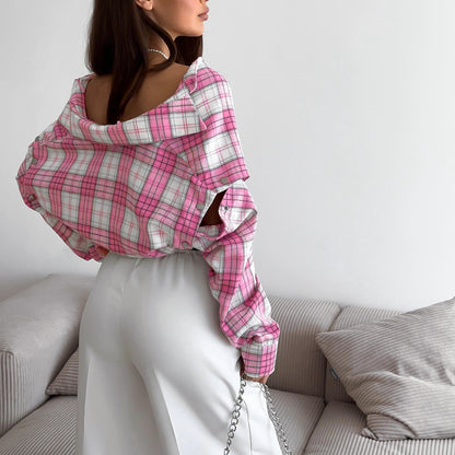 Pink Plaid Shirt Women Loose Shirt Detachable Long Sleeve Collared Outer Tops
