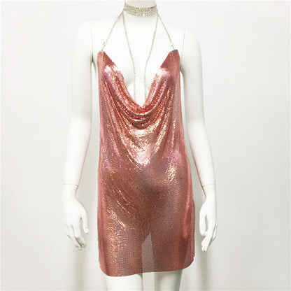 Metallic Coated Fabric Women Clothing Metal Sequ Dress Sexy Sweet Spicy Dress Rhinestone Cami Dress Women