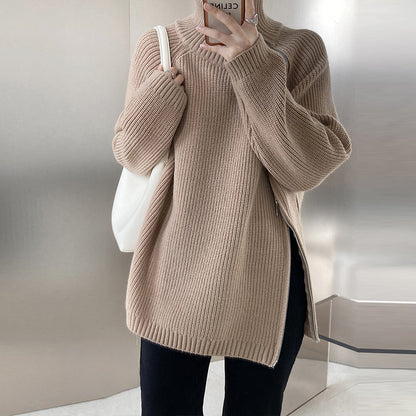 Gray Double Headed Zipper Turtleneck Laid Back Sweater Coat Autumn Winter Loose Sweater