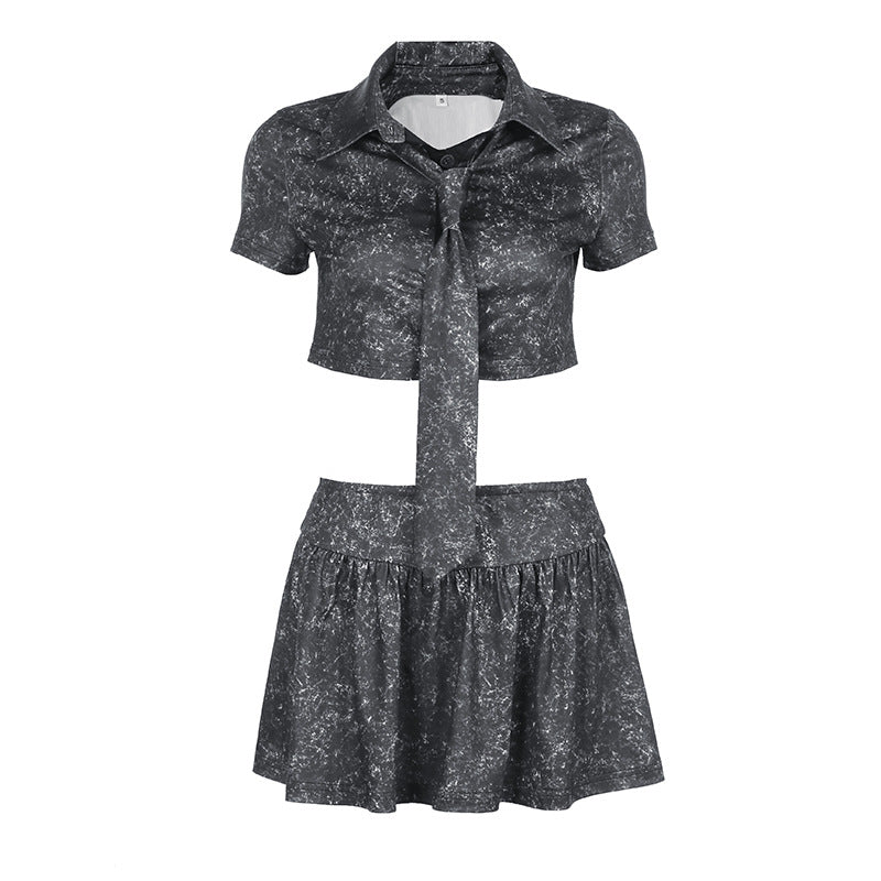 Women Washed Distressed Shirt Tie Top Cropped Sexy A Line Skirt Outfit Two Piece Set