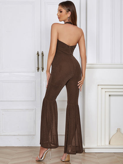 Dress Simple Sexy Halter Hollow Out Cutout Backless Slim Flared Pantyhose for Women