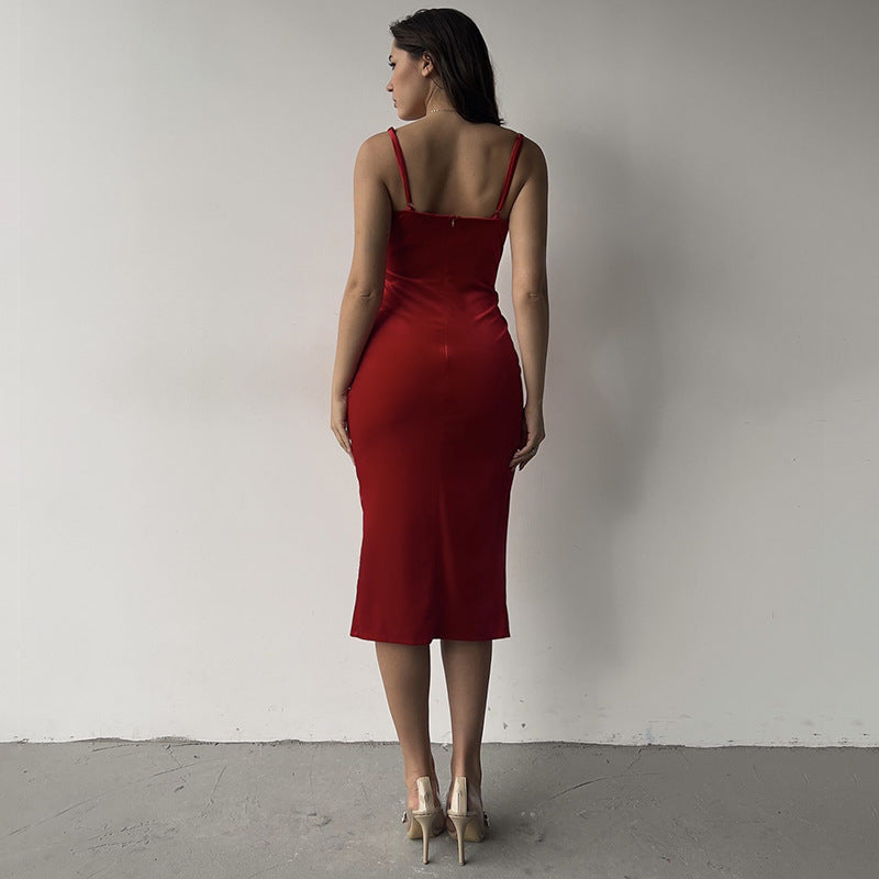 Summer Women Dress Sexy Suede off Neck Slim Sleeveless Split Dress