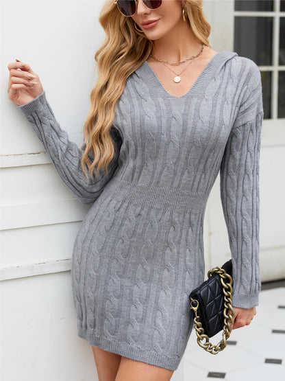 Knitted Dress Autumn Winter V neck Twist Mid Length Long Sleeve Knitted Hooded Sheath Dress Women