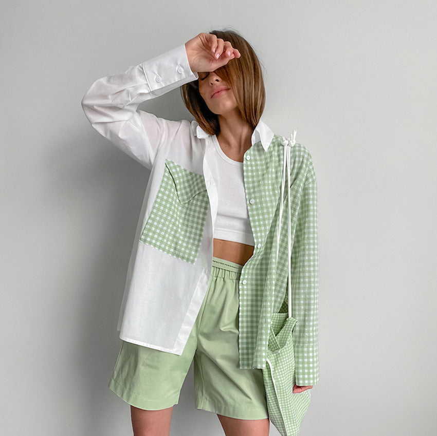 Casual All Matching Shirt Summer Office Contrast Color Check Simple Collared Shirt Sleeve Shirt Women Clothing
