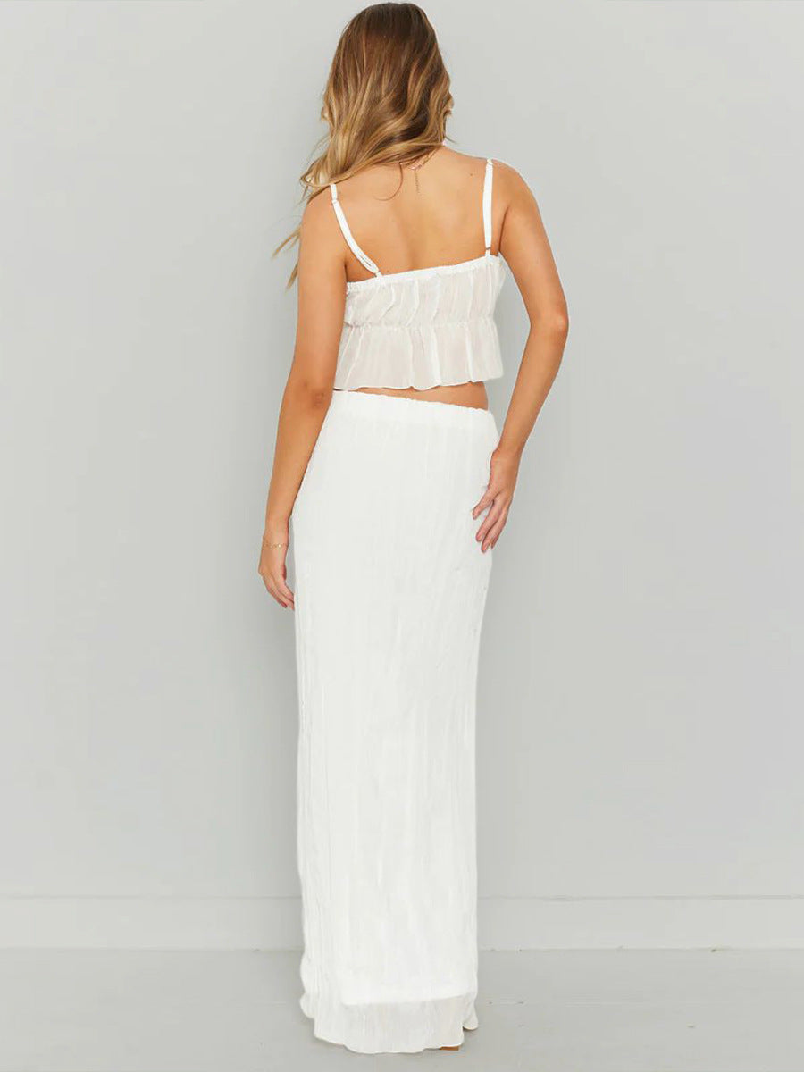 Elegant Chiffon Skirt Two Piece Women Suspender Skirt Set