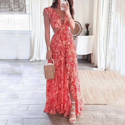 Women Clothing Summer Printing Deep V Plunge Sexy Cropped Outfit Long Pleated Dress