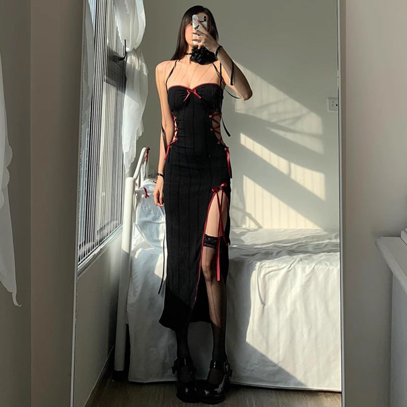 Fall Women Clothing Sexy Sexy Socialite Slim Fit High Slit Bow Lace up Cutout Dress