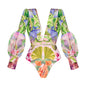 V Neck Bubble Long Sleeve Printed One Piece Swimsuit Women