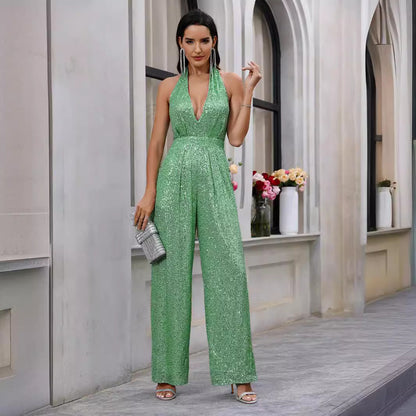 Summer Sexy Elegant Women Clothing V neck Halter Backless Jumpsuit Sequined Trousers