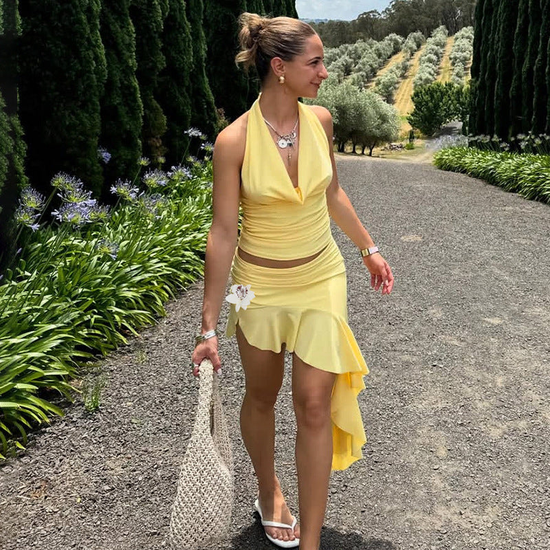 Vacation Summer Sexy Swing Collar Backless Irregular Asymmetric Three Dimensional Floral Ruffled Vest Mid Length Skirt Set