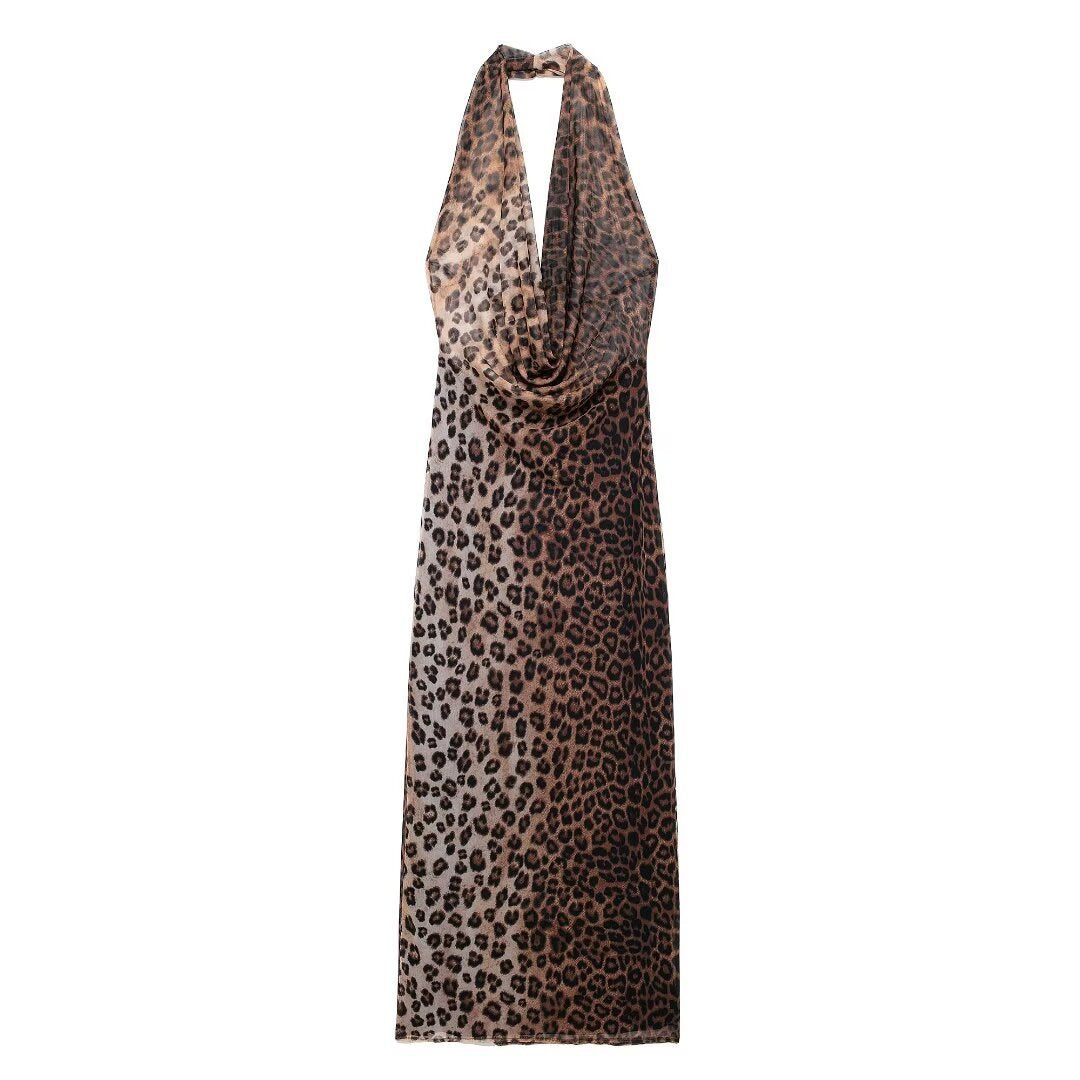 Women Animal Pattern Printing Silk Net Hanging Collar Dress