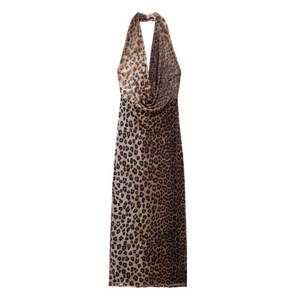 Women Animal Pattern Printing Silk Net Hanging Collar Dress