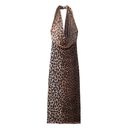 Women Animal Pattern Printing Silk Net Hanging Collar Dress