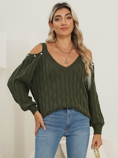 Woven Bottoming Shirt Women Clothing Autumn Winter Deep V Plunge Sexy off Shoulder Loose Pullover Sweater Top Women